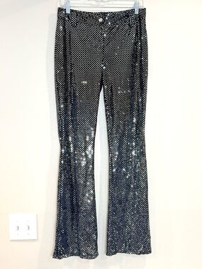🔥Serious Women’s Black Sequin Polka Dot Flared Pants Size L EC🔥
